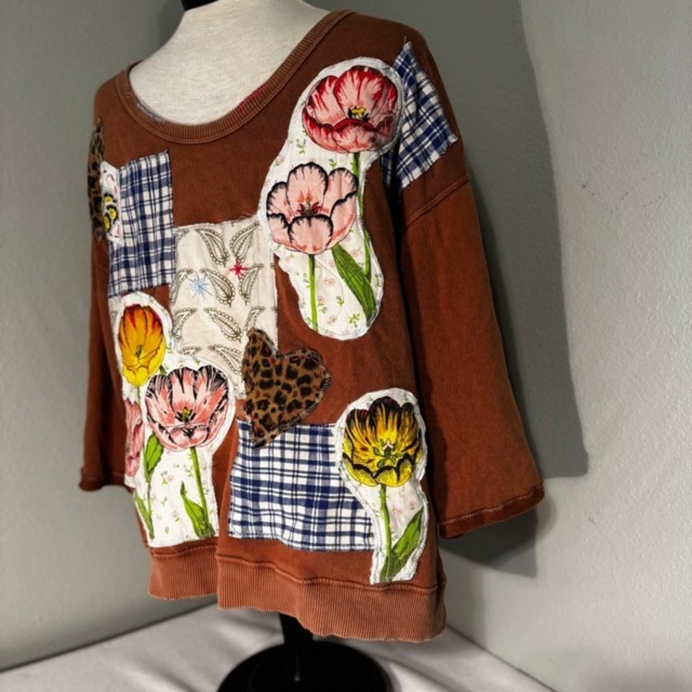 Aerie Custom Patchwork Floral Leopard Plaid Sweatshirt Womens S Vintage - Picture 2 of 8